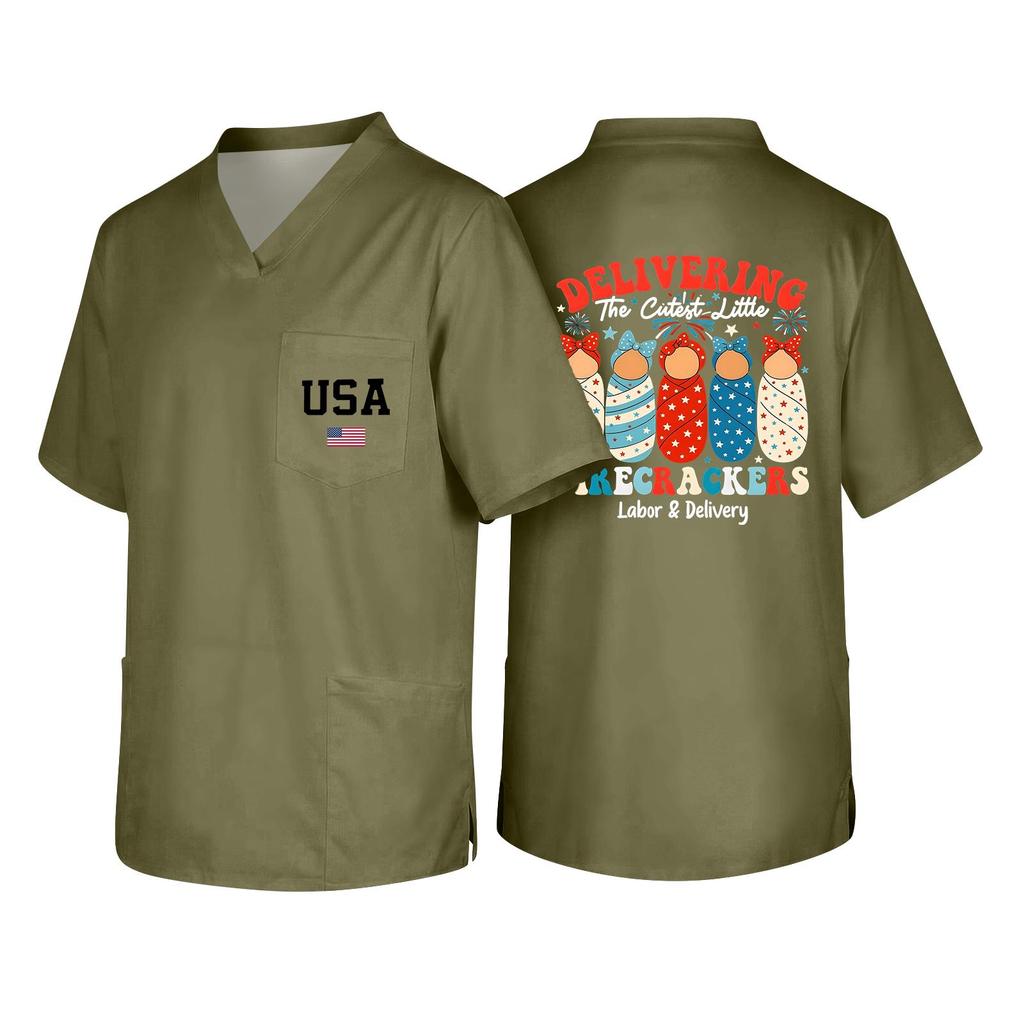 Men's Short Sleeve V Neck Work Shirt Nurse Uniform Top with Pocket USA Print Casual Fit Medical Scrub Tee for Healthcare Professionals