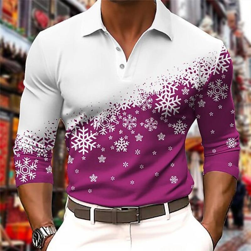Long Sleeve Polo Shirt with Snowflake Print, Trendy Casual Top for Men