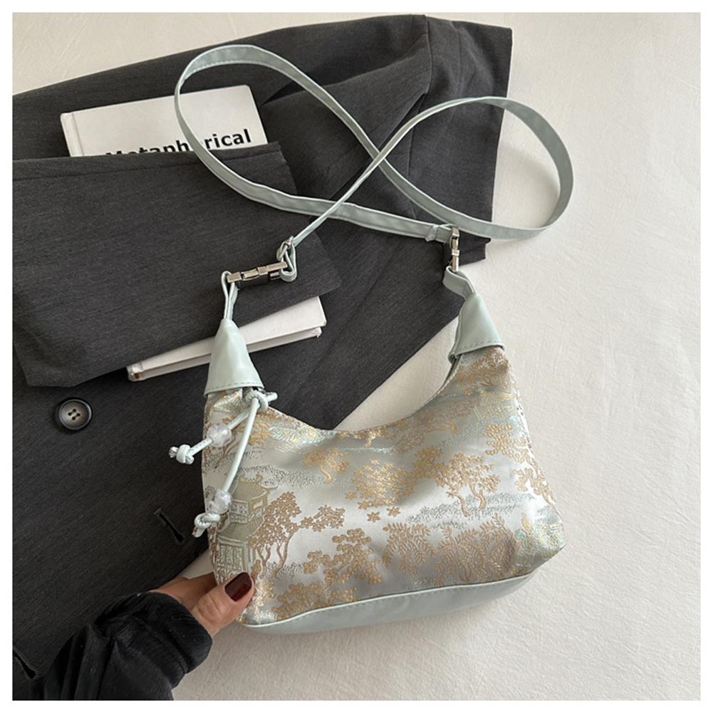 Women Sweet Embroidery Shoulder Bag with Pearl Pendant Casual Sling Bag Adjustable Strap Trendy Satchel Bag Date Party Handbag