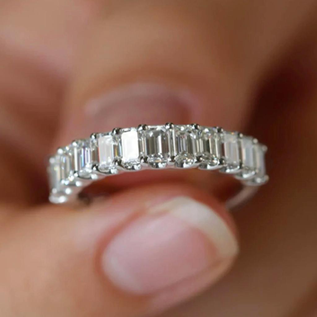 FEOBUR 2*4mm Emerald Cut All Moissanite Wedding Ring for Women Baguette Lab Diamond Eternity Band 925 Silver Jewelry