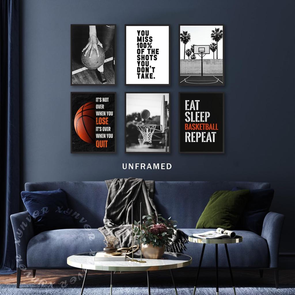 Xynvor 6Pcs Basketball pirational Canvas Wall Art Black White Basketball Posters Artwork Sport Motivational Quotes Painting Pictures Wall Decor for