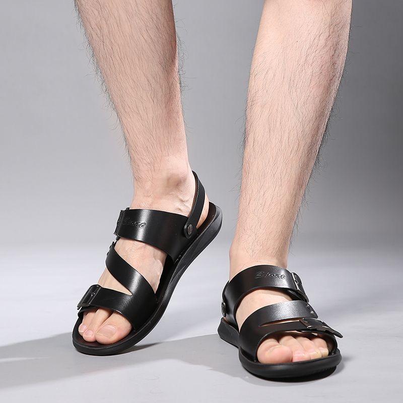 Men Black Leather Sandals Summer Brown Outdoor Hiking Sandals Wide Head Beach Shoes for Father Over Sized
