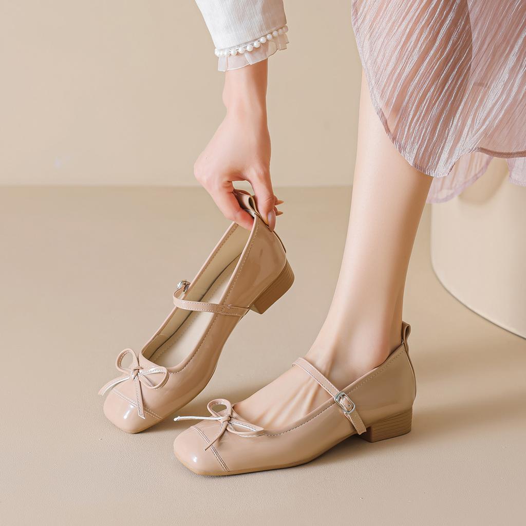 Weiwei girl 9169-9 French bow square head thick heel single shoes women's shallow mouth with skirt Mary Jane women's shoes
