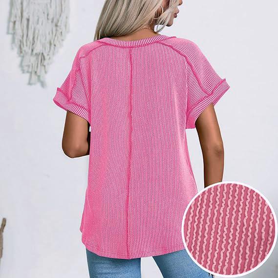 GMXIA Spring Summer Fashion Two-color Twist Short Sleeve V-neck Top T-shirt for Women