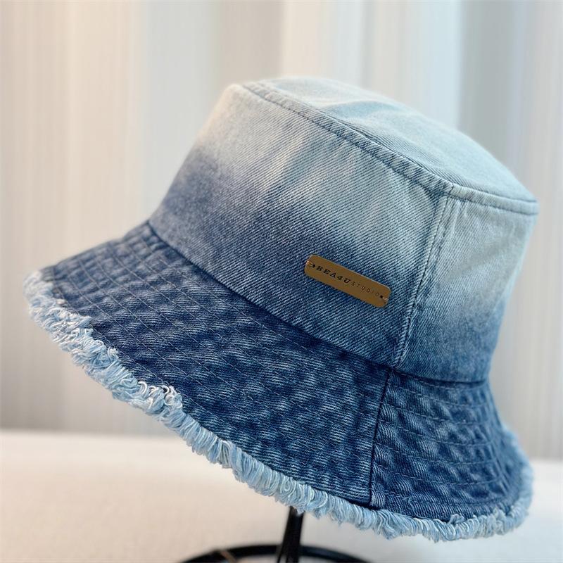 Spring New Gradual Change Raw Edge Washed Denim Bucket Hat Women's Leisure Sunshade Sunscreen Hat Women's Bucket Hat