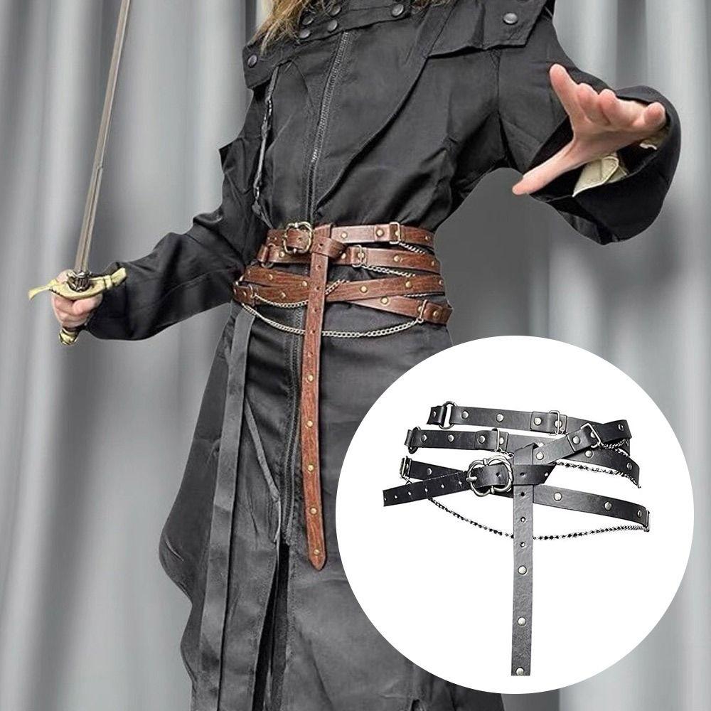 Medieval DIY Faux Leather Metal Chain Belt Vintage Adjustable Thin Belt For Women, Retro Skinny Belt For Dresses