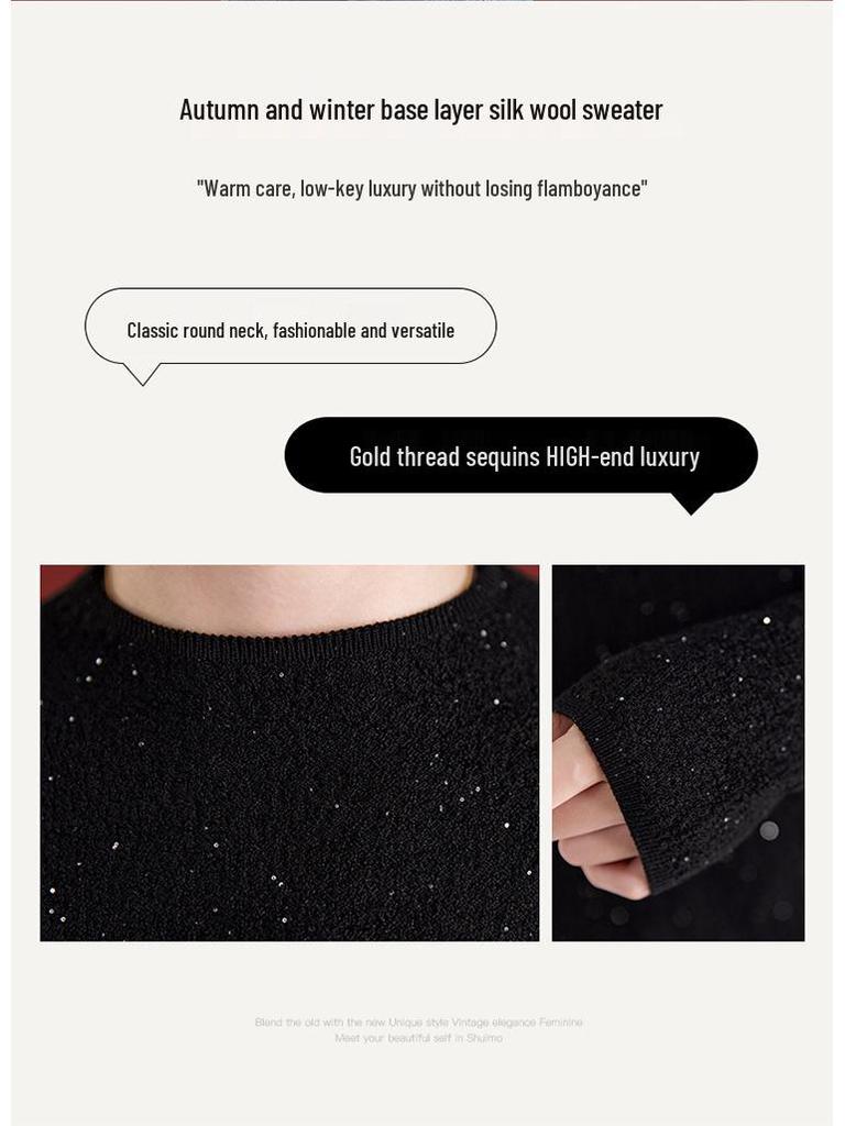 Women's Fashionable Sequin Yarn Wool Cardigan, Slim Fit Round Neck Sweater