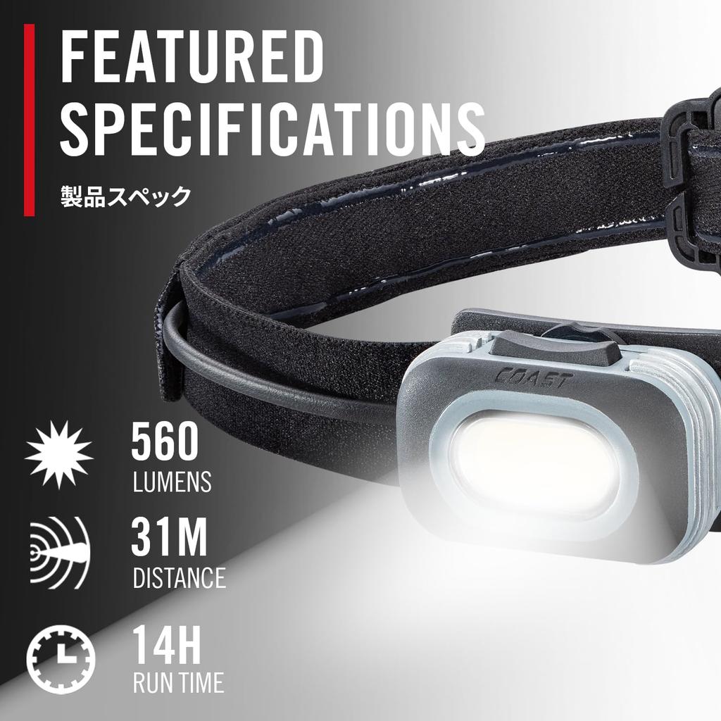 COAST LED Maximale Leuchtkraft Wasserdicht und Kompatibel mit Trocken- und Wiederaufladbarer Hybrid-Stirnlampe, RL10, Leistung 560lm, Staubdicht, IP54, Batterien,