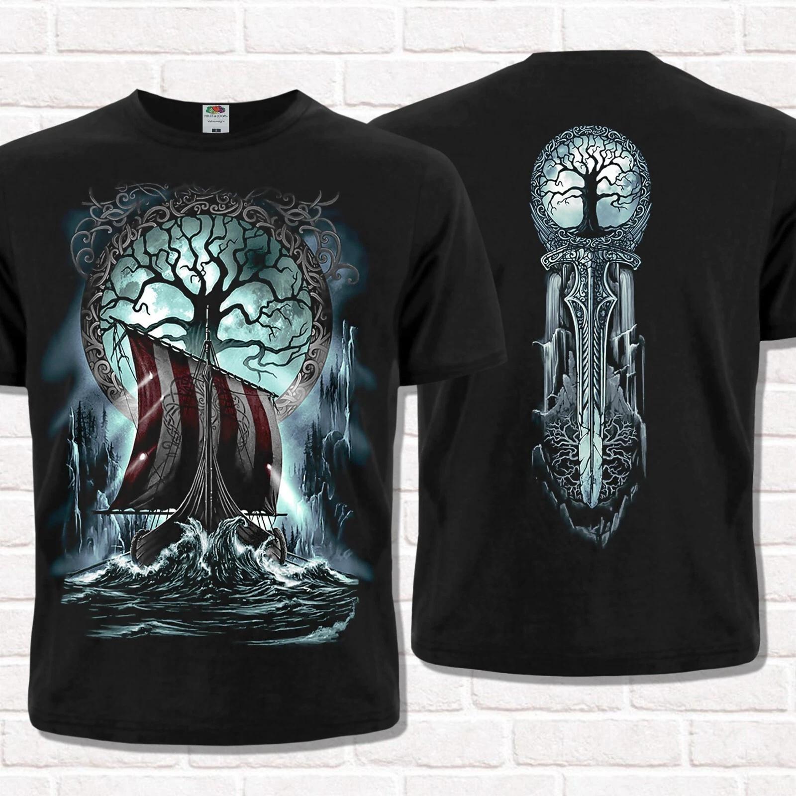 Black T-Shirt Yggdrasil Drakkar Vegvisir Runic Compass Viking Style. Asatru Tees Tops Unisex Cotton Short Sleeve High Street XL