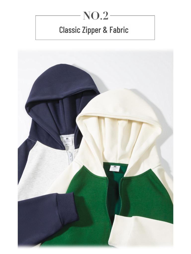 320g Unisex Youthful Trendy Loose Color Block Zipper Raglan Hoodie Cardigan