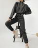 Solid Women Color Sleeve Long V Neck Hoodies Suit Autumn Winter Loose Top Wide Leg Pants