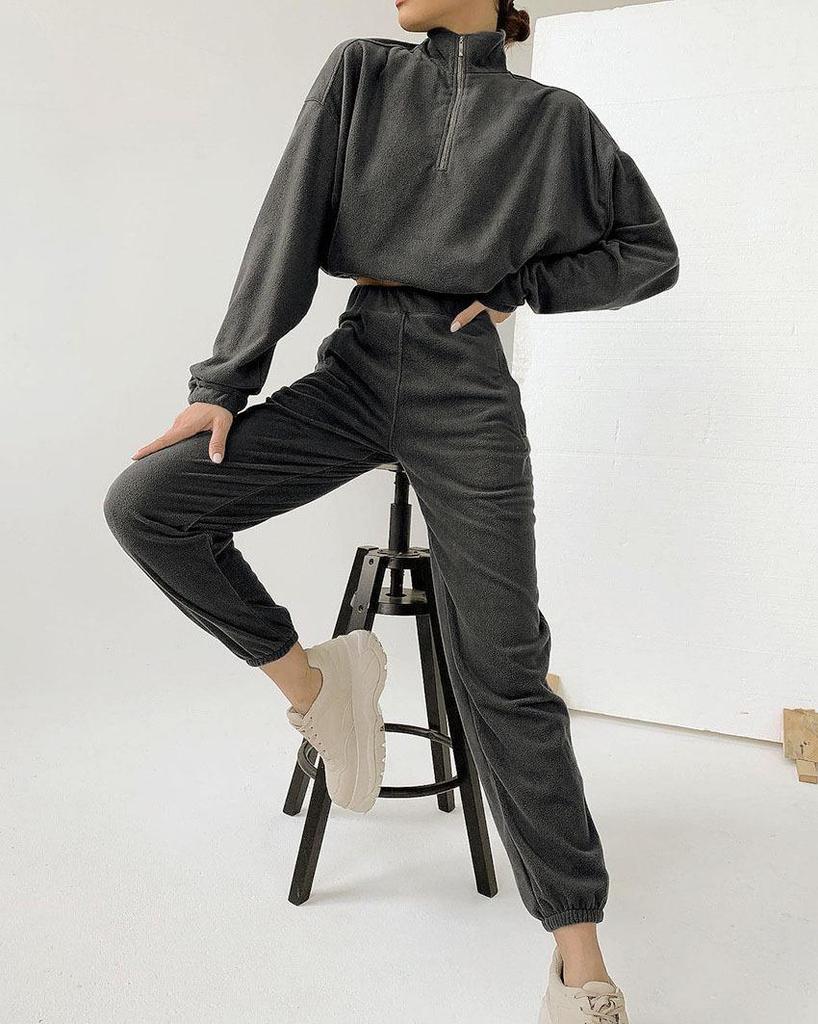 Solid Women Color Sleeve Long V Neck Hoodies Suit Autumn Winter Loose Top Wide Leg Pants