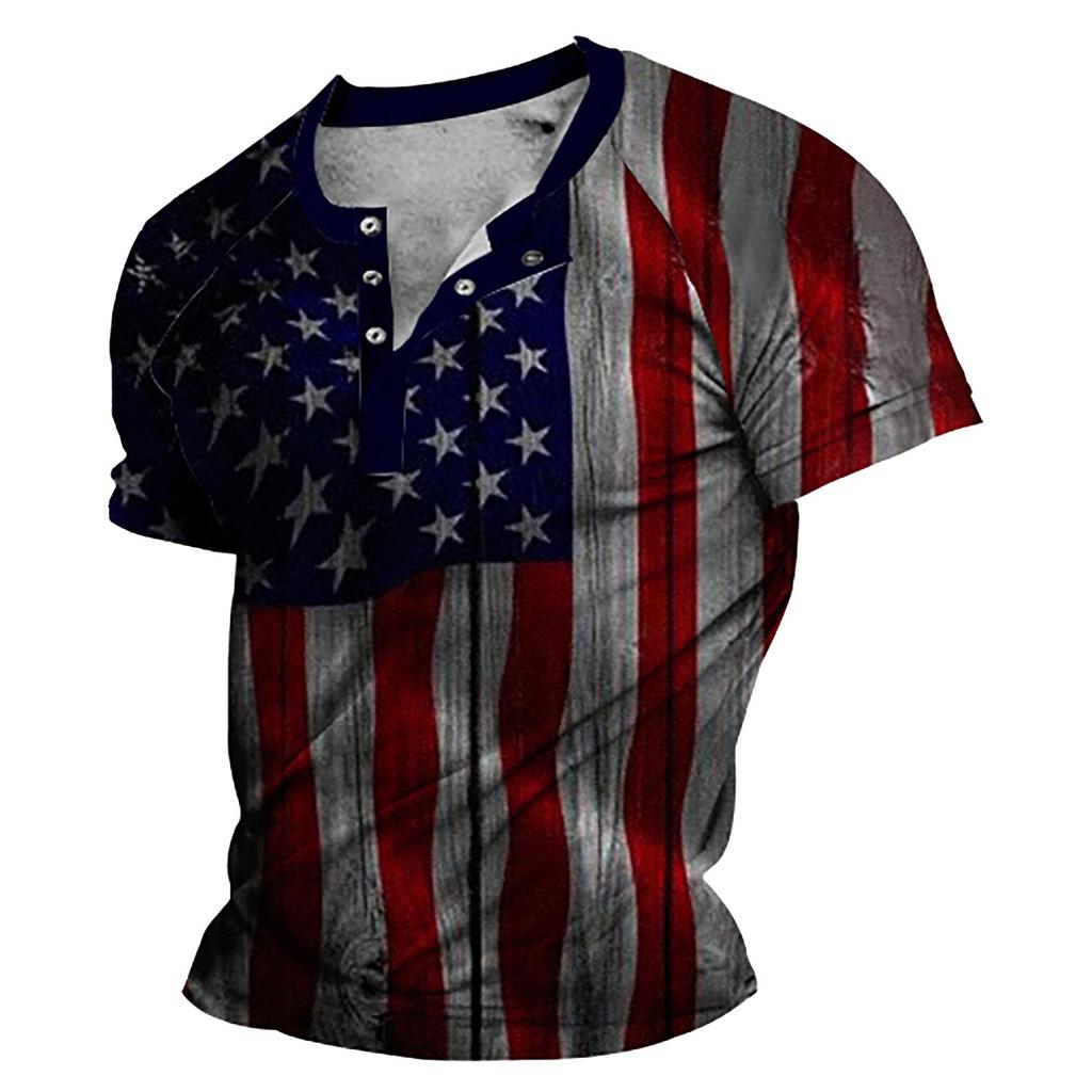 Men's Retro Print Stand Collar Three-button Neck Commemorative Short-sleeved Shirt Top