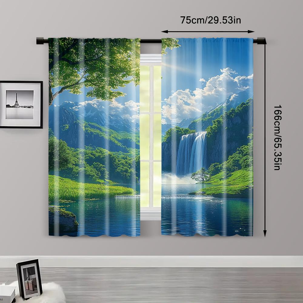 2pc,   Scene Curtains curtainWith waterfalls, green grass and blue sky Machine Washable Polyester,Without Electricity Versatile