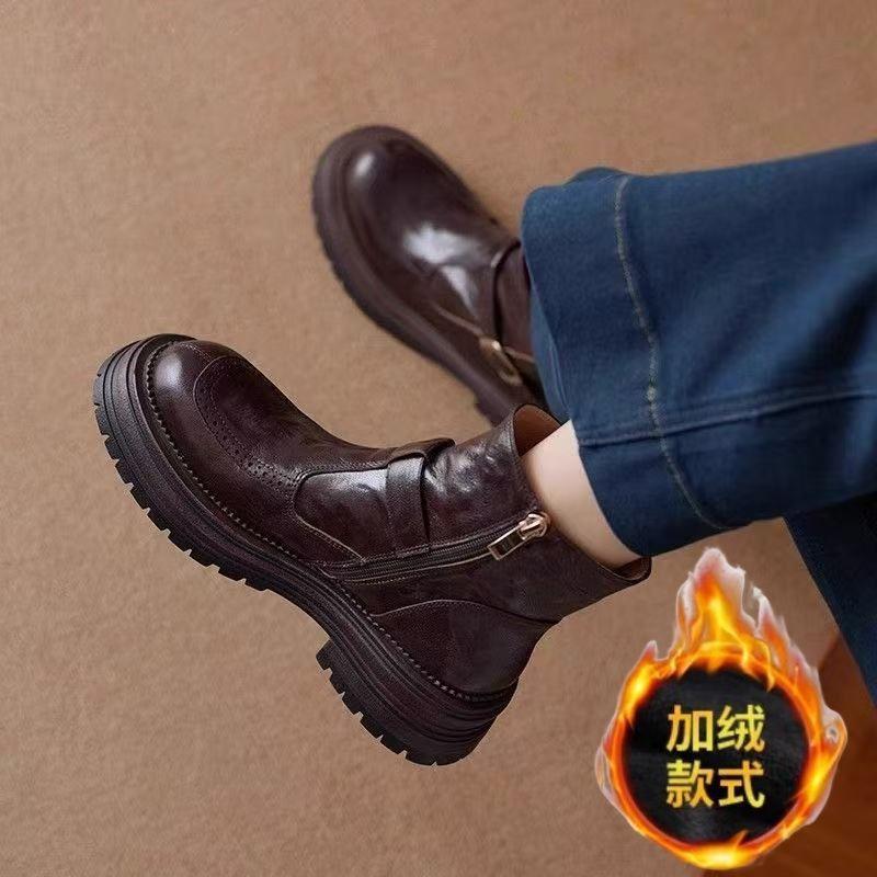 Huge Good-looking Soft Leather Platform British Martin Boots Women's French Short Boots Black Velvet Boots