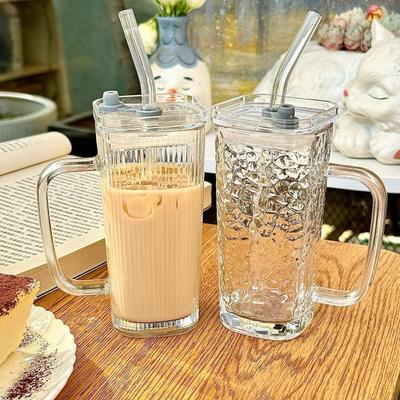 1Pcs Stylish Square Transparent Glass Cup Heat Resistant Ergonomic Handle Coffee Cup Juice Glass For Home Bar Drinkware