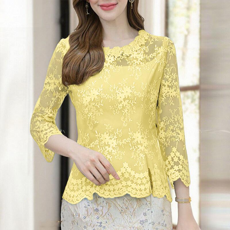 

ZANZEA Женская повседневная блузка с рукавом 3/4 и ажурными вставками M абрикосовый