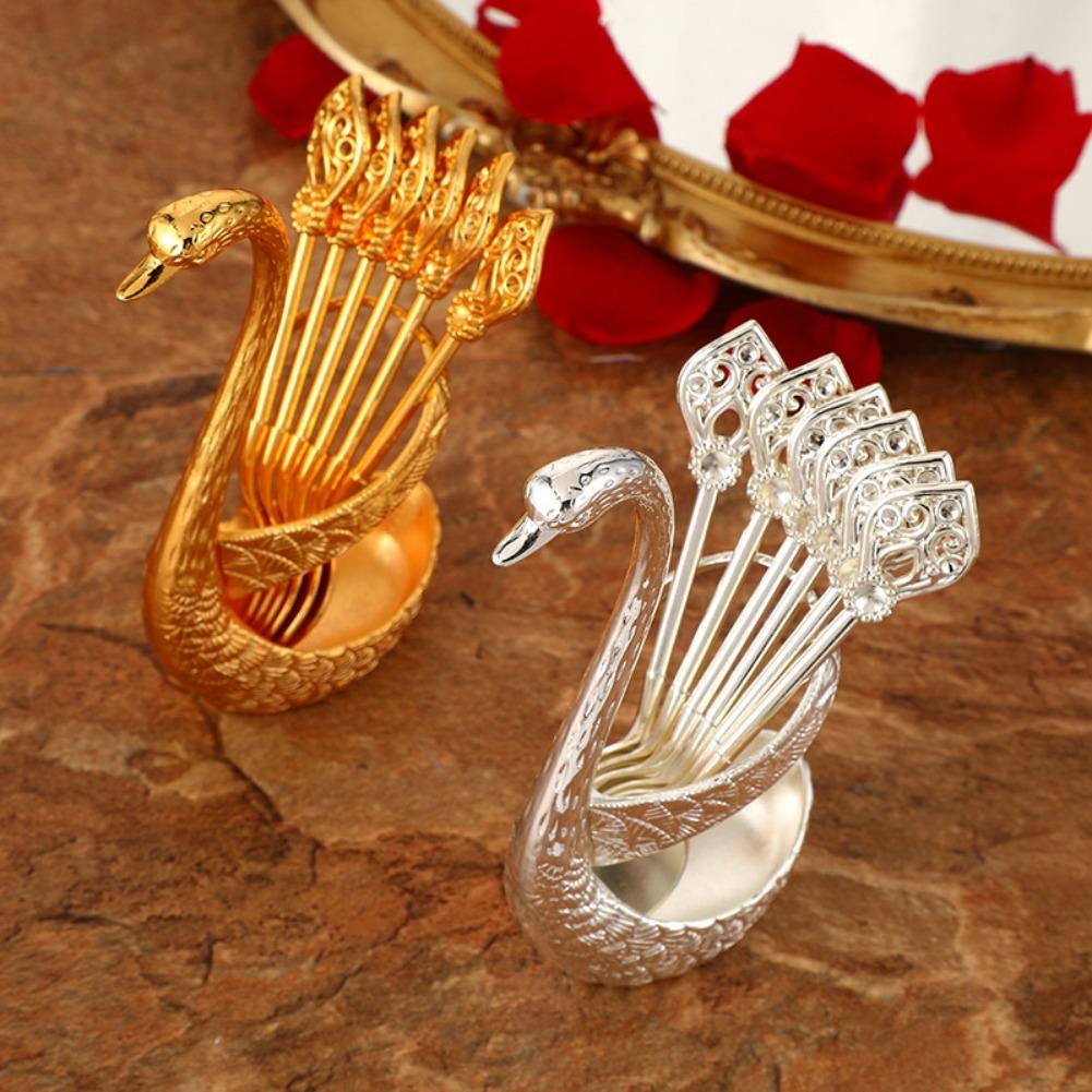 Stainless Steel Creative Dinnerware Set Decorative Swan Base Holder With 6 Spoons For Coffee Tea Cake Dessert Kitchen Supplies
