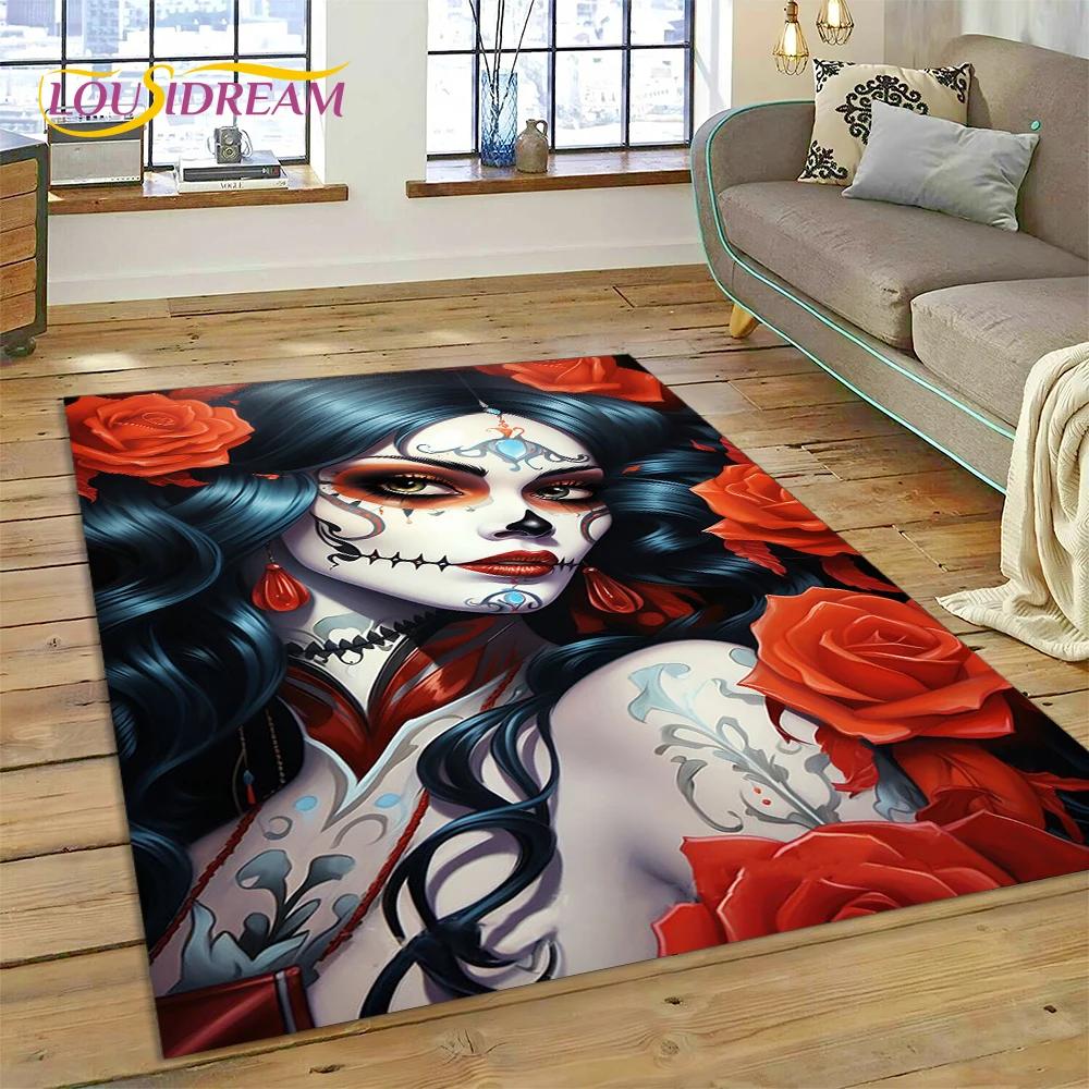 Skull Dead Girl 3D Gothic Horror Female Rose Rug Carpet for Living Room Bedroom Decor,Non-slip Decoration for Sofa Doormat Gift