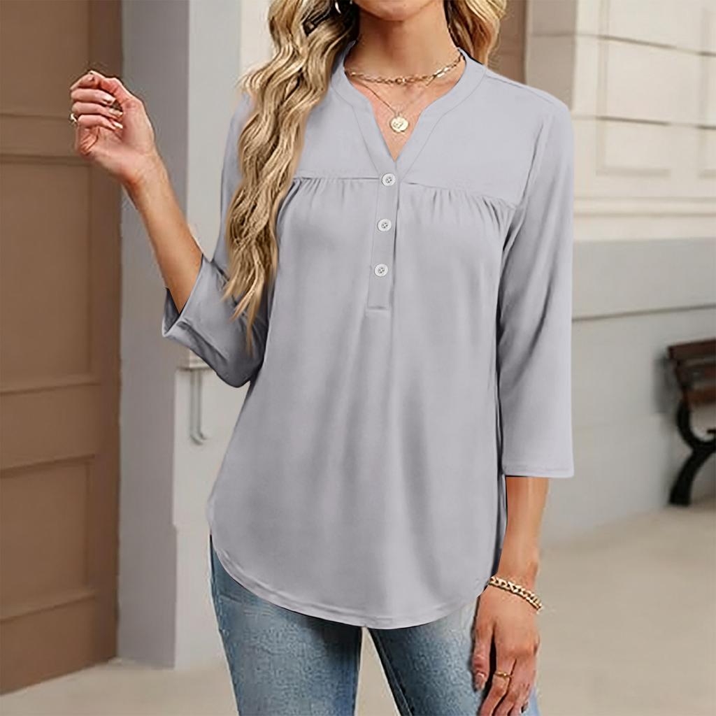 Women's Fashionable Casual Color V-Neck Decorative Button Three-Quarter Sleeve T-Shirt Top