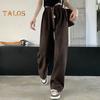 Women Pants Elastic High Waist Adjustable Drawstring Long Pants Solid Color Straight Wide Leg Casual Trousers Daily Wear