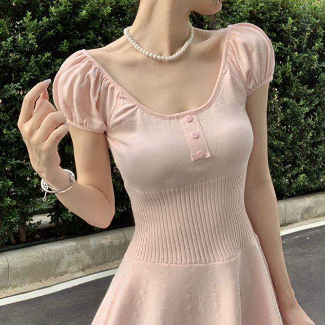 

Pure Desire Women s Summer Ice Silk Knit Dress, Slim Fit with Waist Cinching, Puff Sleeves, and Square Neck Large рожевий