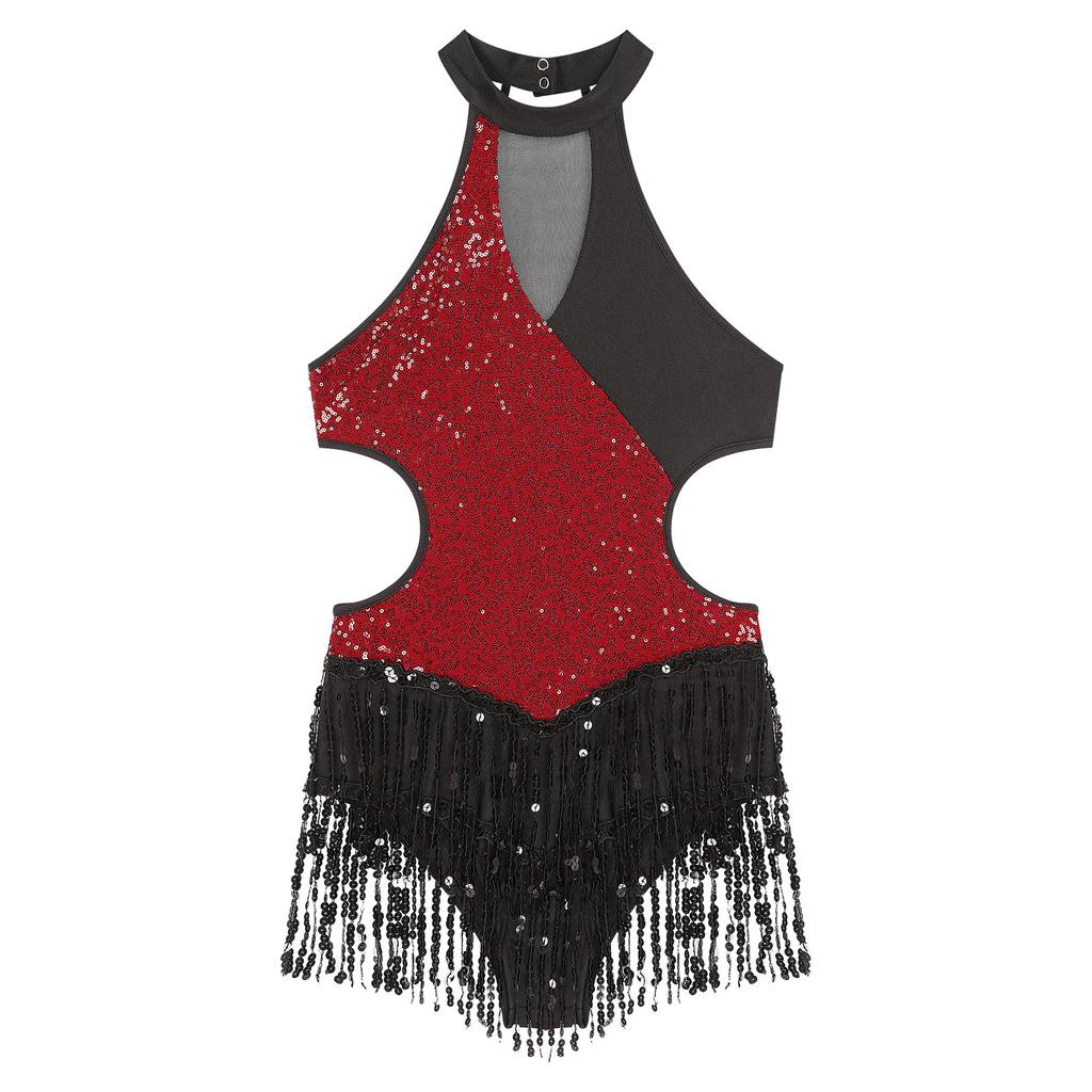 Women's Shiny Sequins Tassel Latin Jazz Dance Leotard Bodysuit Crisscross Back Lyrical Dance Costume