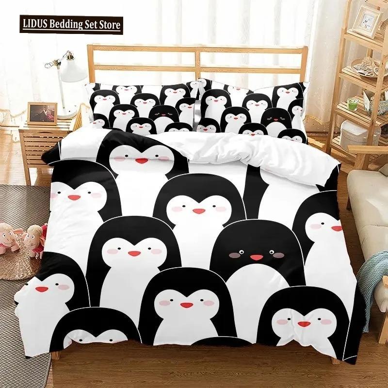 Cartoon Penguin Duvet Cover Set For Boys Girl Animated Antarctic Animal Polyester Quilt Cover White Black King Queen Size