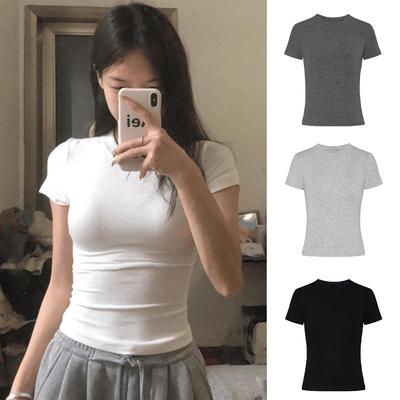 Camiseta Feminina Elástica Slim-Fit Cintura Marcada Manga Curta Gola Redonda - Branca