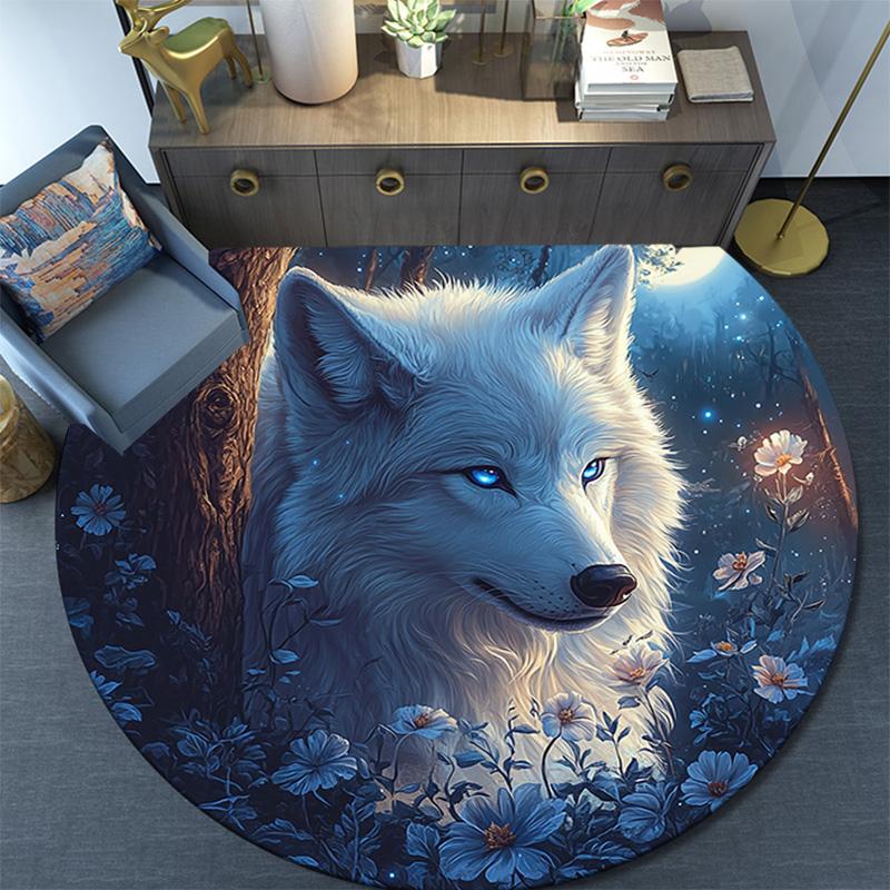 Wolf in Moonlit Round Area Rug,Carpet Rug for Living Room Bedroom Sofa Playroom Decor,Non-slip Floor Mat