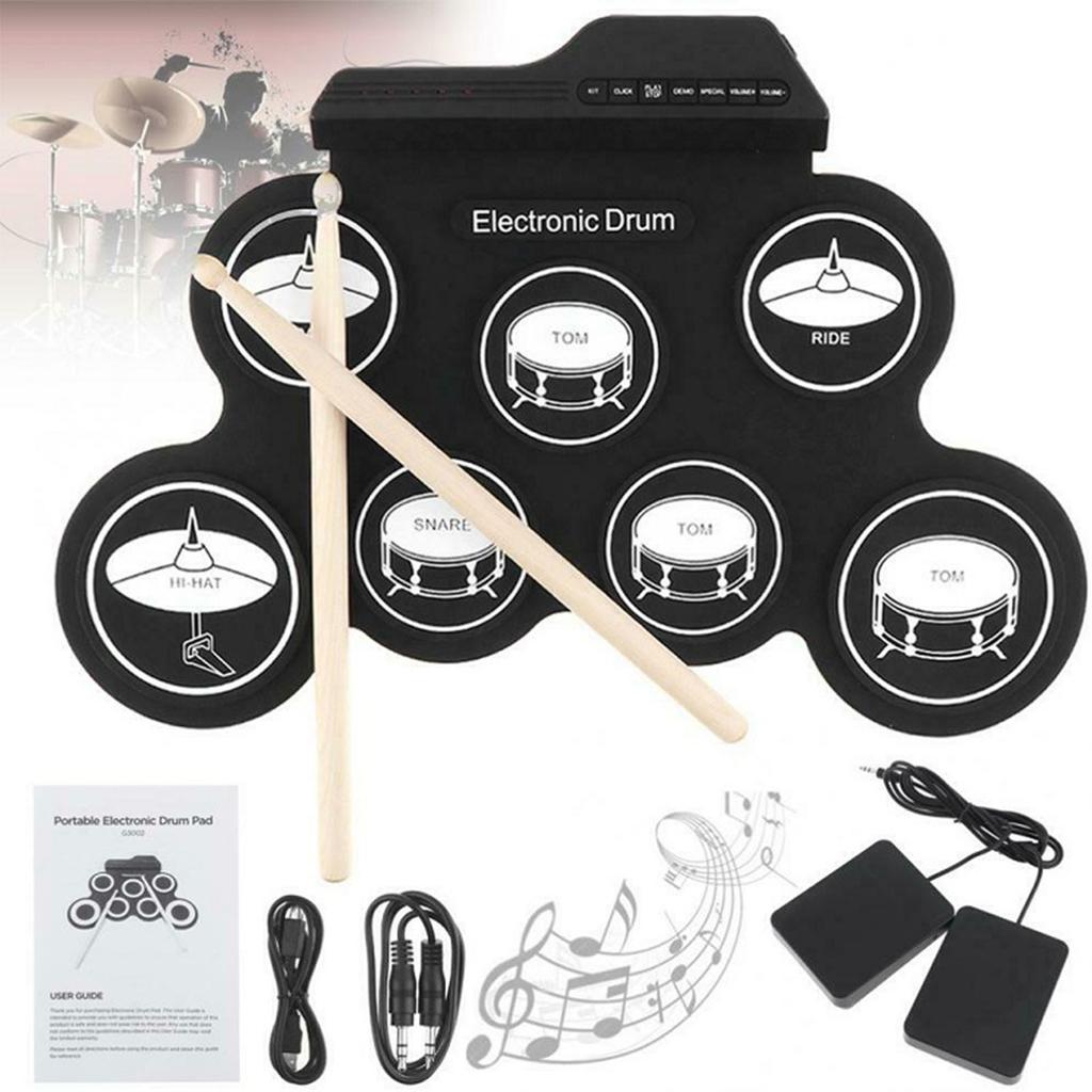 Electronic Drum Set 7 Pads 5 Tunings 8 Demonstration Songs 3 Rhythms Portable USB Roll Up Drum