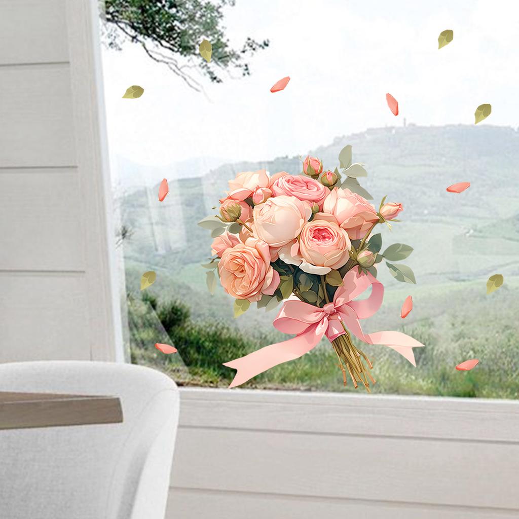 Pink Rose Bouquet Static Cling Stickers, Removable Kitchen Living Room Home Decor Decals