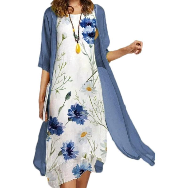 2Pcs/Set Spring Autumn Women Retro Flower Print Irregular Hem Vest Dress Solid Color Half Sleeve Shawl Coat Elegant Outfit