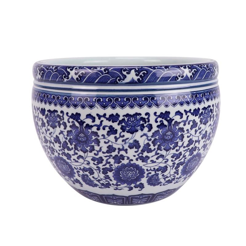 Blue and White Porcelain Turtle Tank: Fish and Lotus Pot for Desktop or Floor