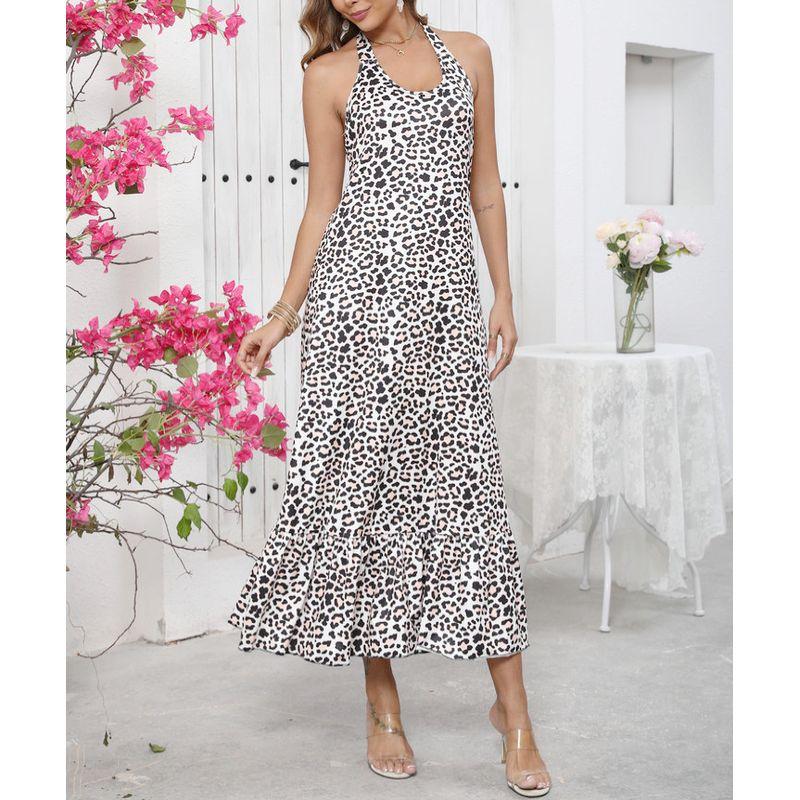 

European American Summer New Tropical Sexy Halter Lace-up Open Back Leopard Print Print Ruffles Sleeveless Dress Maxi Dress Leopard print(Figure) XL