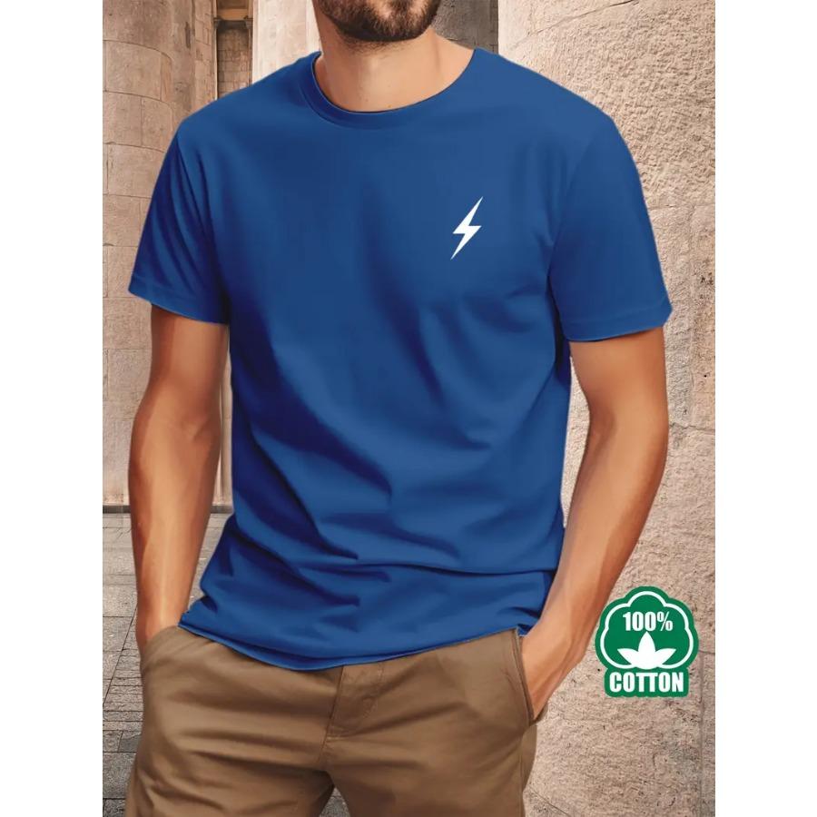 Men'S Lightning Bolt Graphic Cotton T-Shirt - 100% Combed Cotton, Crew Neck, Short Sleeve, Regular Fit, Summer Casual Tee