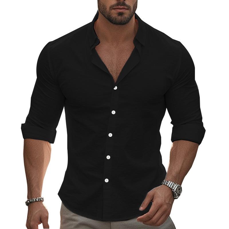 New Casual Solid-Colour Long-Sleeved Shirt Cotton Collared Button-Down Long-Sleeved Beach Shirt Top for Men