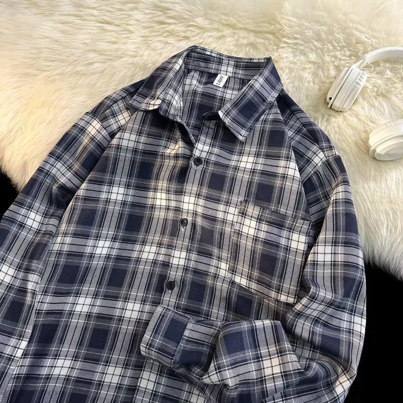 Men's Chic Korean Style Retro Plaid Long-Sleeve Sun-Proof Cardigan Shirt - Autumn Fashion