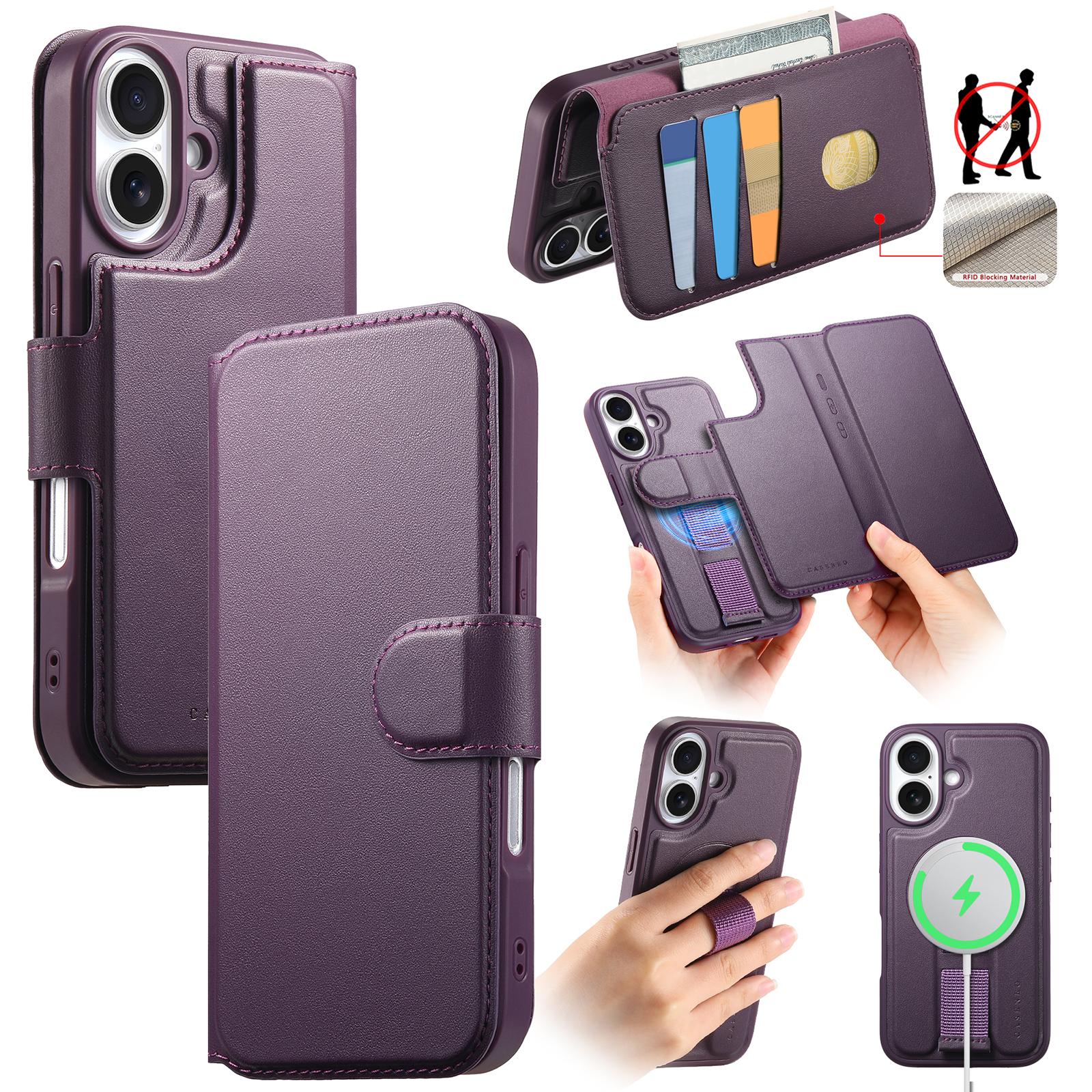 

2 в 1 Съемный слот для карт Кожаный кошелек Чехол-подставка Для iPhone 16 Pro Max 15 Plus 14 13 12 RFID Для сумки Magsafe Магнитная крышка For iPhone 16 Pro Max фиолетовый