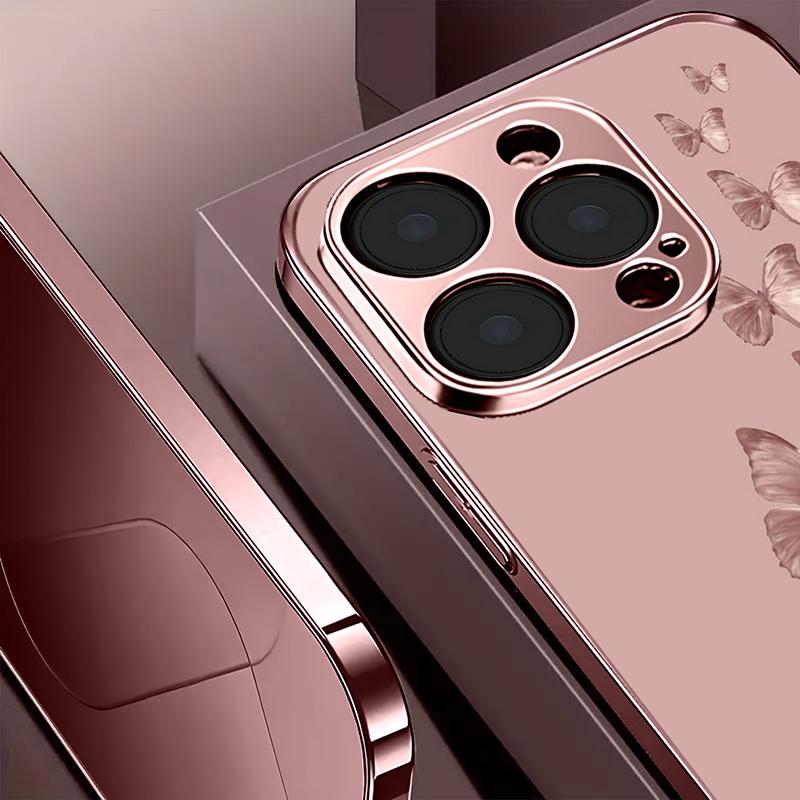 Rosa Schmetterlingsmuster Rosa Metallisch Gehärtetes Glas Handyhülle Für iPhone 17 16 15 14 13 12 11 Pro Max 15 Plus 17 Air 16E Hülle