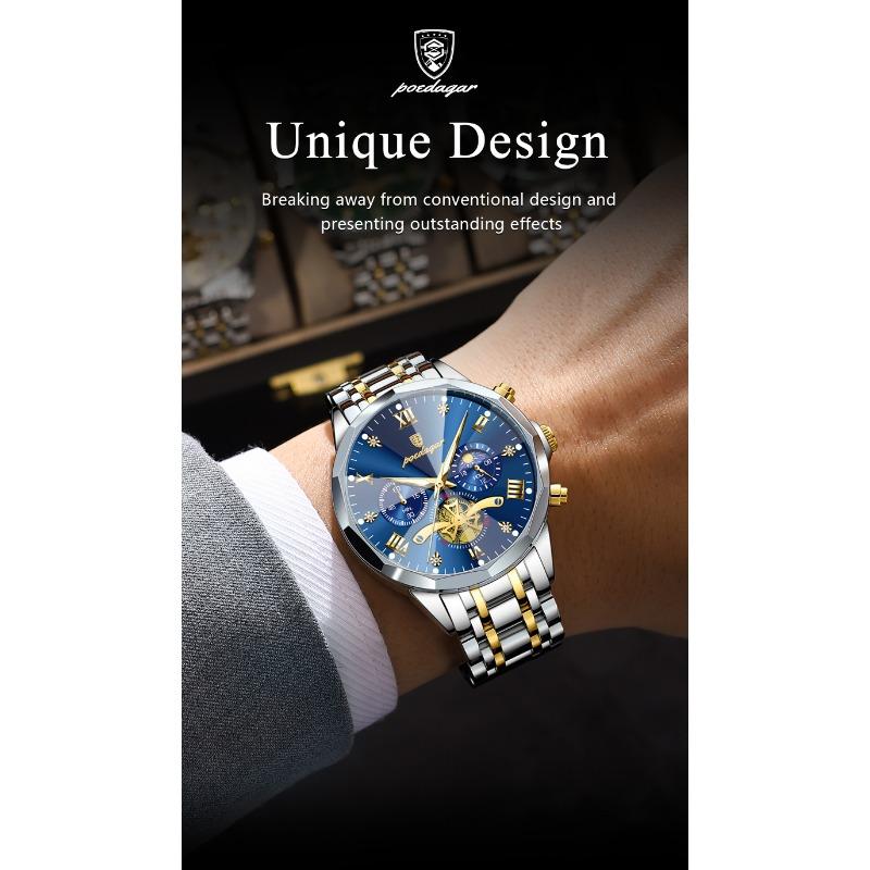 POEDAGAR Original Luxus Herrenuhr Wasserdicht Leuchtend Chronograph Armbanduhr Edelstahl Quarzuhren für Mann Reloj