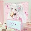 Kawaii Cat Ear Maid Anime Girl Tapestry Pink Polka Dot Wall Hanging for Pastel Aesthetic Bedroom Decor Home Decor