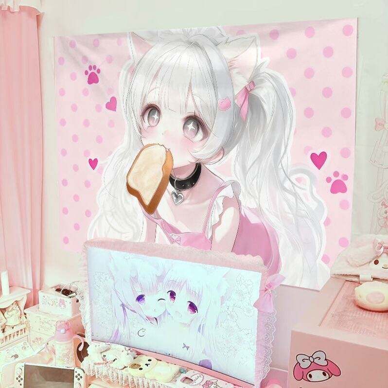 Kawaii Cat Ear Maid Anime Girl Tapestry Pink Polka Dot Wall Hanging for Pastel Aesthetic Bedroom Decor Home Decor