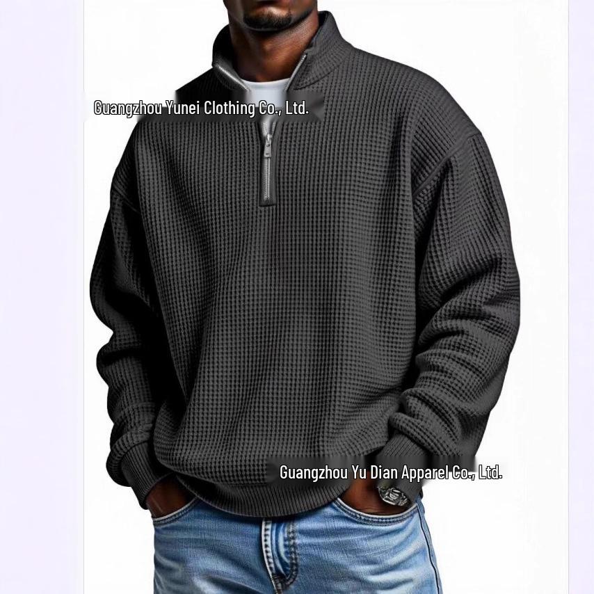 Men's European Style Waffle Knit High Collar Half-Zip Hoodie