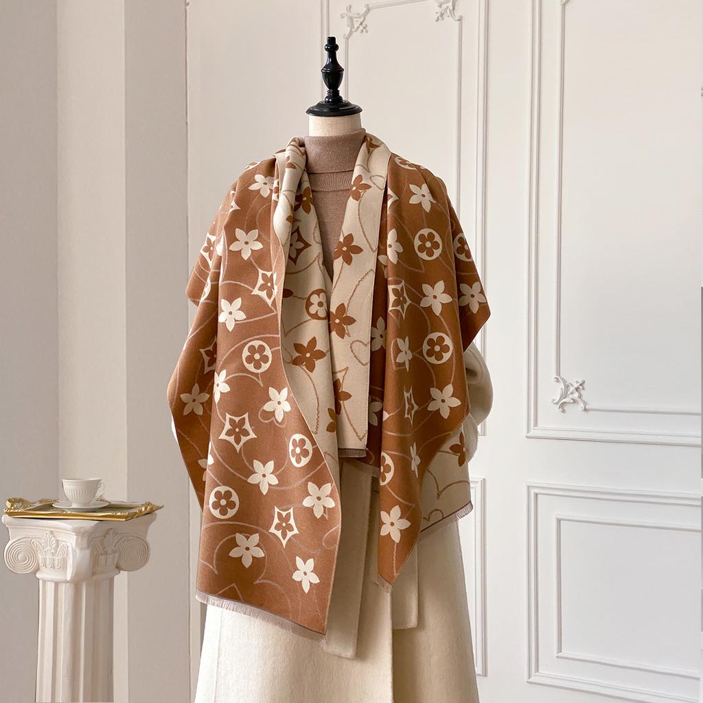 Luxury Women Two-Sided Print Scarf Soft Warm Pashmina Flower Shawl Winter Outdoor Coldproof Windproof Blanket Scarf