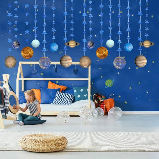 1 Set Hängeflagge, realistisch aussehende glatte Kante mit Glitzersternen, verschleißfest, breite Anwendung, Universum, acht Planeten, Wanddekoration zum Aufhängen