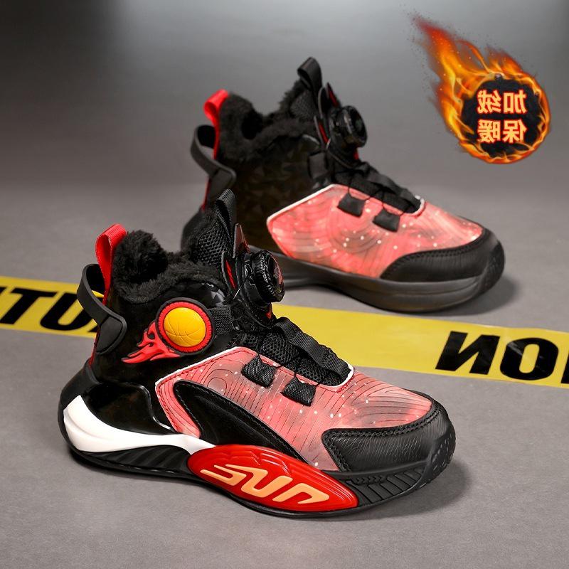 Boys' Winter 2025 Velvet-Lined Cotton Sneakers - Trendy Leather Surface for School Sports
