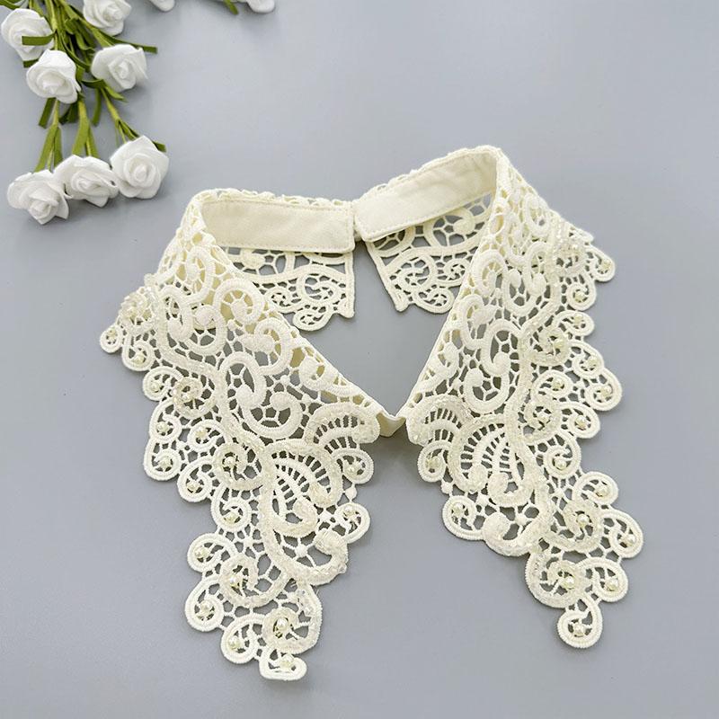 Fashion White Hollow Lace Fake Collar Blouse Decoration Lapel False Collar Beading Removable Detachable Collar Neckline Faux Col