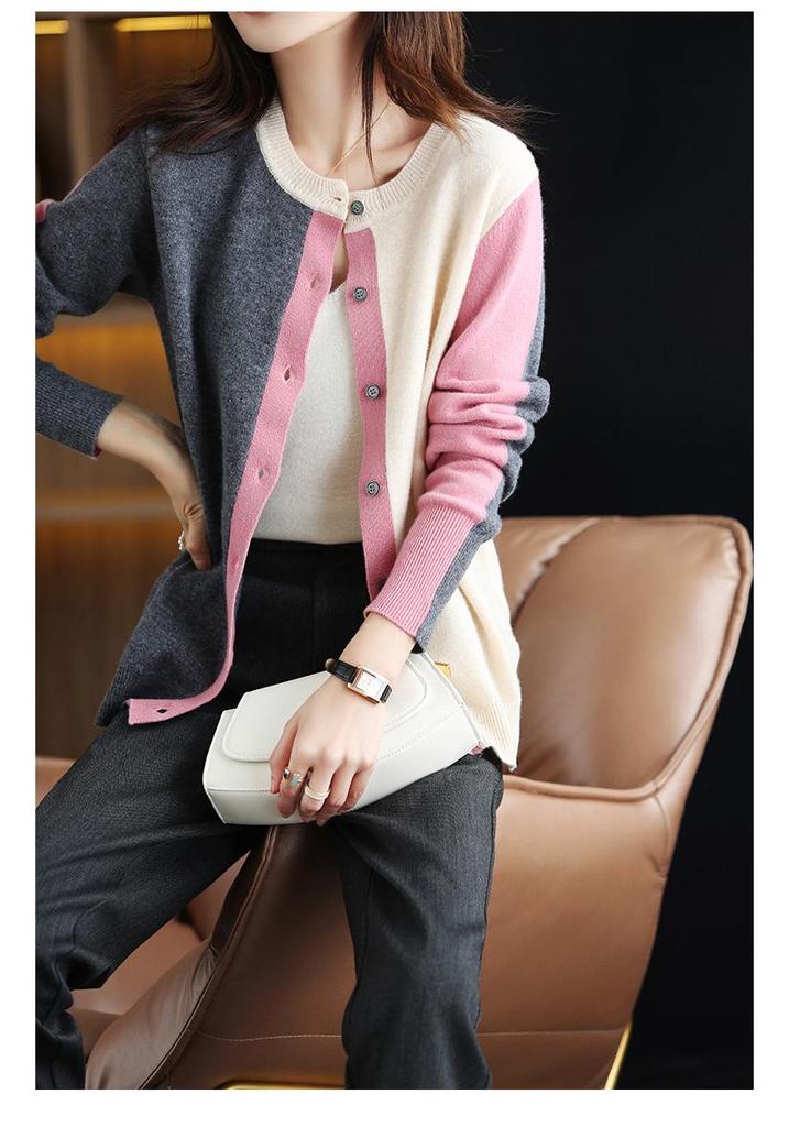 Women's Wool Patchwork Cardigan: Round Neck, Long Sleeve, Color Block, Loose Fit Sweater for Spring and Autumn.