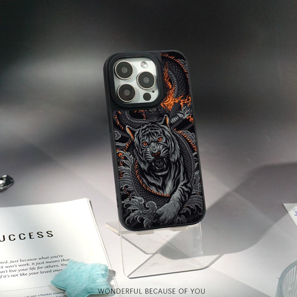 Japanese Dragon Super Cool Painting Phone Case for iPhone 17 16 E 15 14 13 12 Pro Max Sheepskin Silver-edged Protective Case